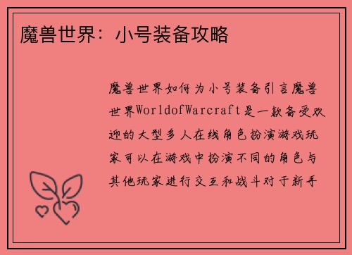 魔兽世界：小号装备攻略