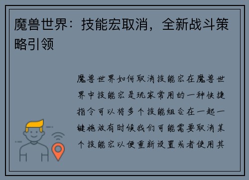 魔兽世界：技能宏取消，全新战斗策略引领